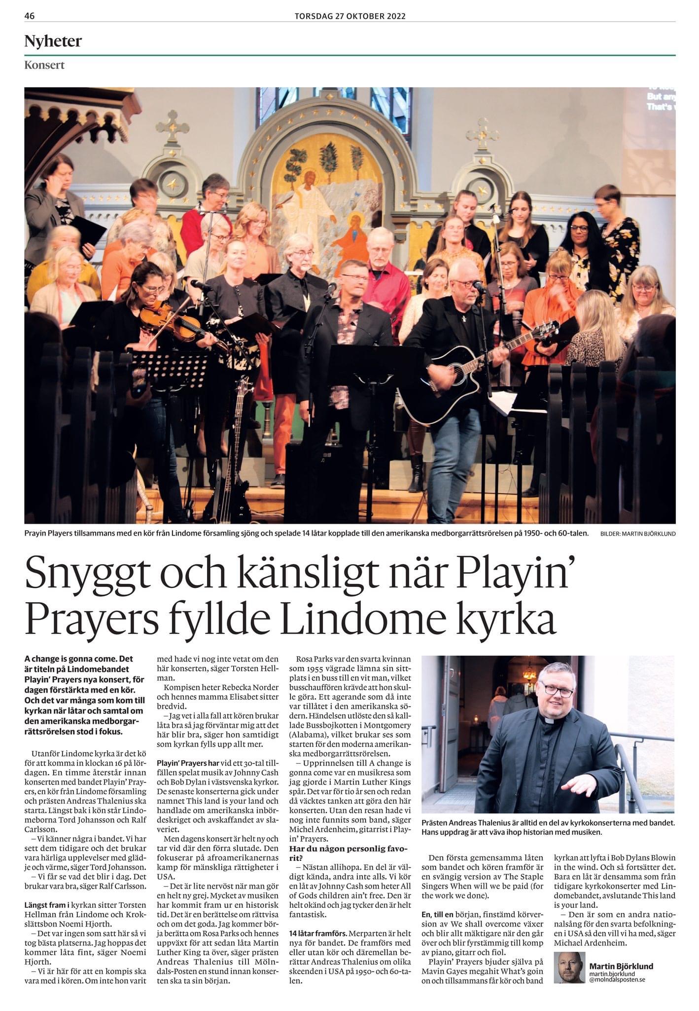 Tidningssida med recension av A Change Is Gonna Come i Lindome kyrka