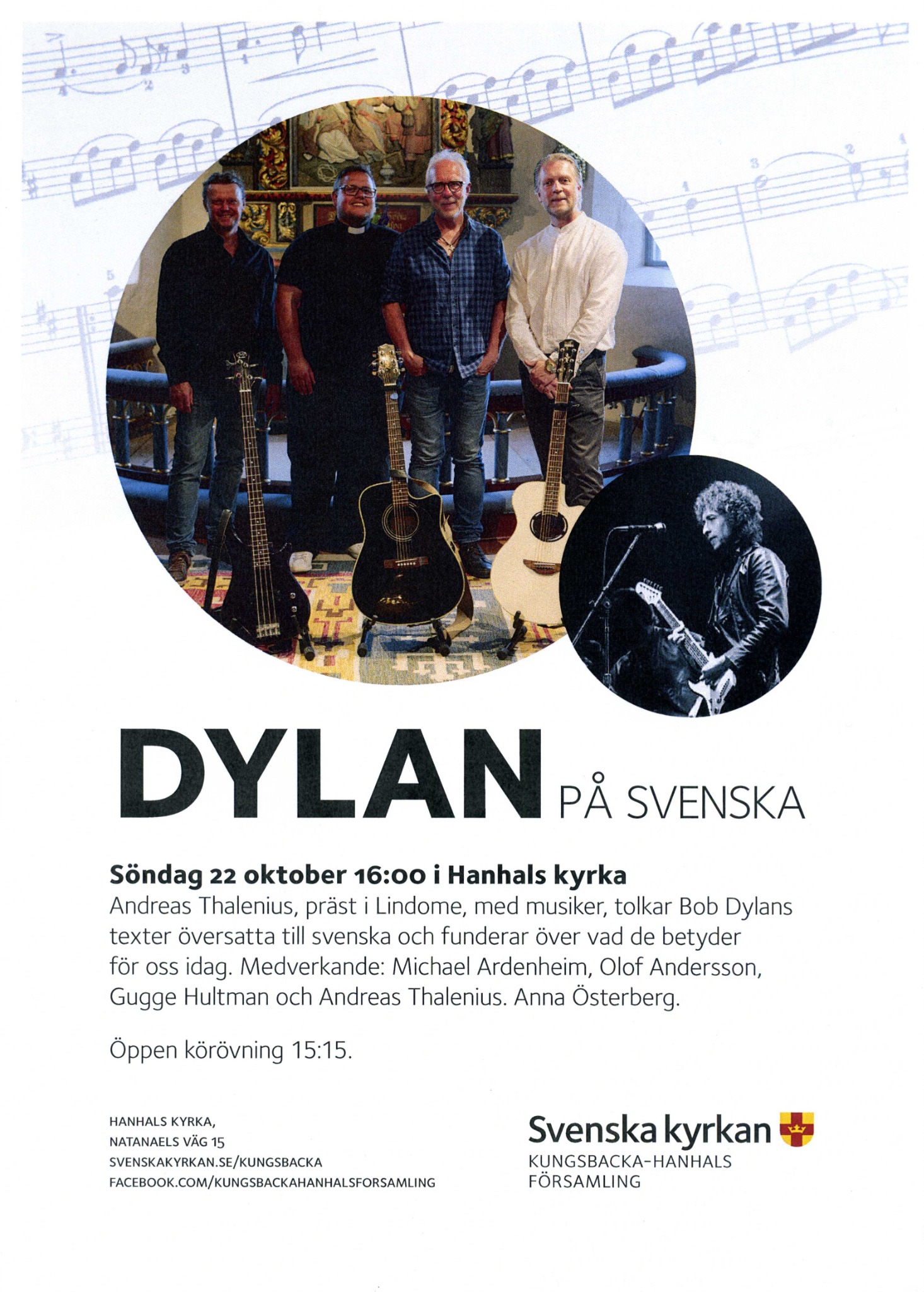 Affisch för Dylan på svenska i Hanhals kyrka den 22 oktober 2017