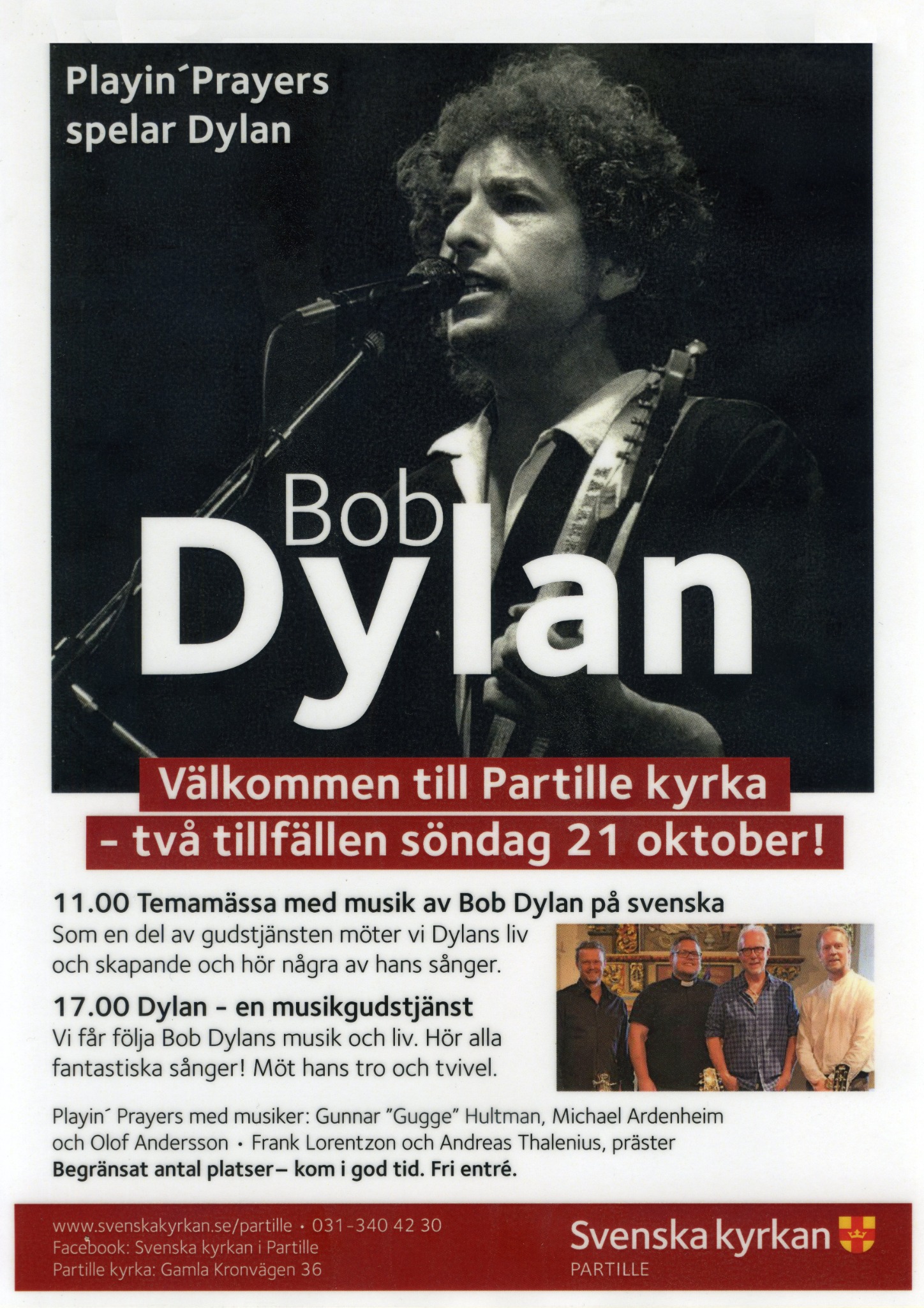 Affisch för två Dylan-tillfällen i Partille kyrka den 21 oktober 2018
