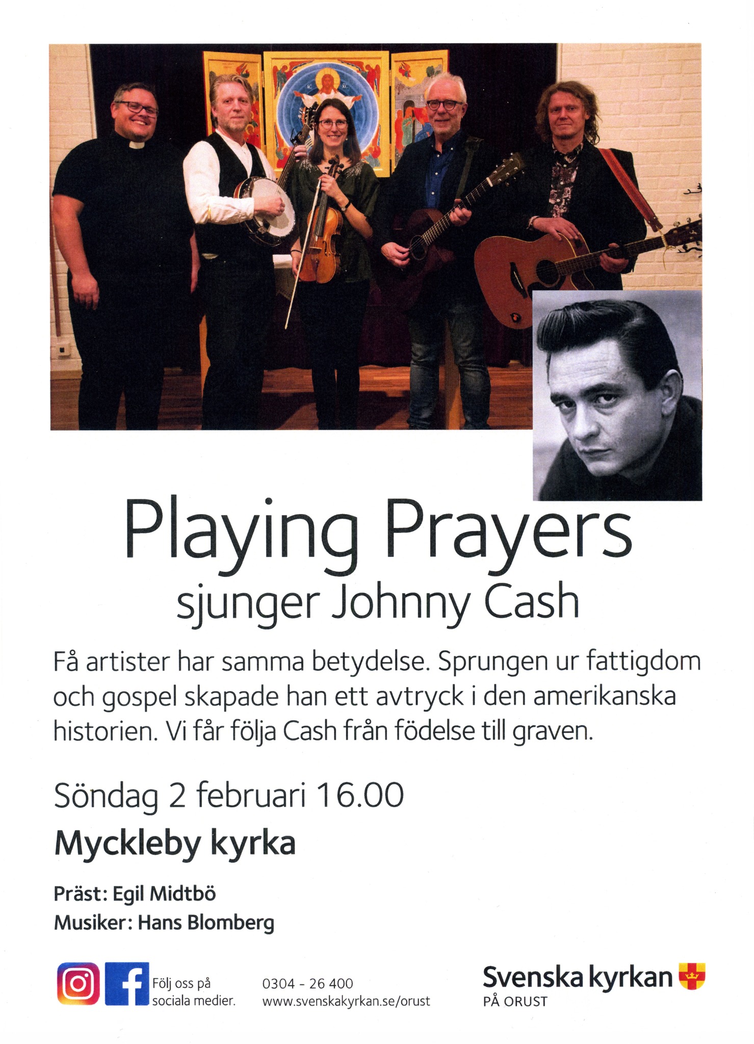 Affisch för Playin’ Prayers sjunger Johnny Cash i Myckleby kyrka den 2 februari 2020